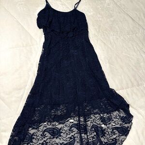 Blue Lace Midi Dress with Adjustable Straps